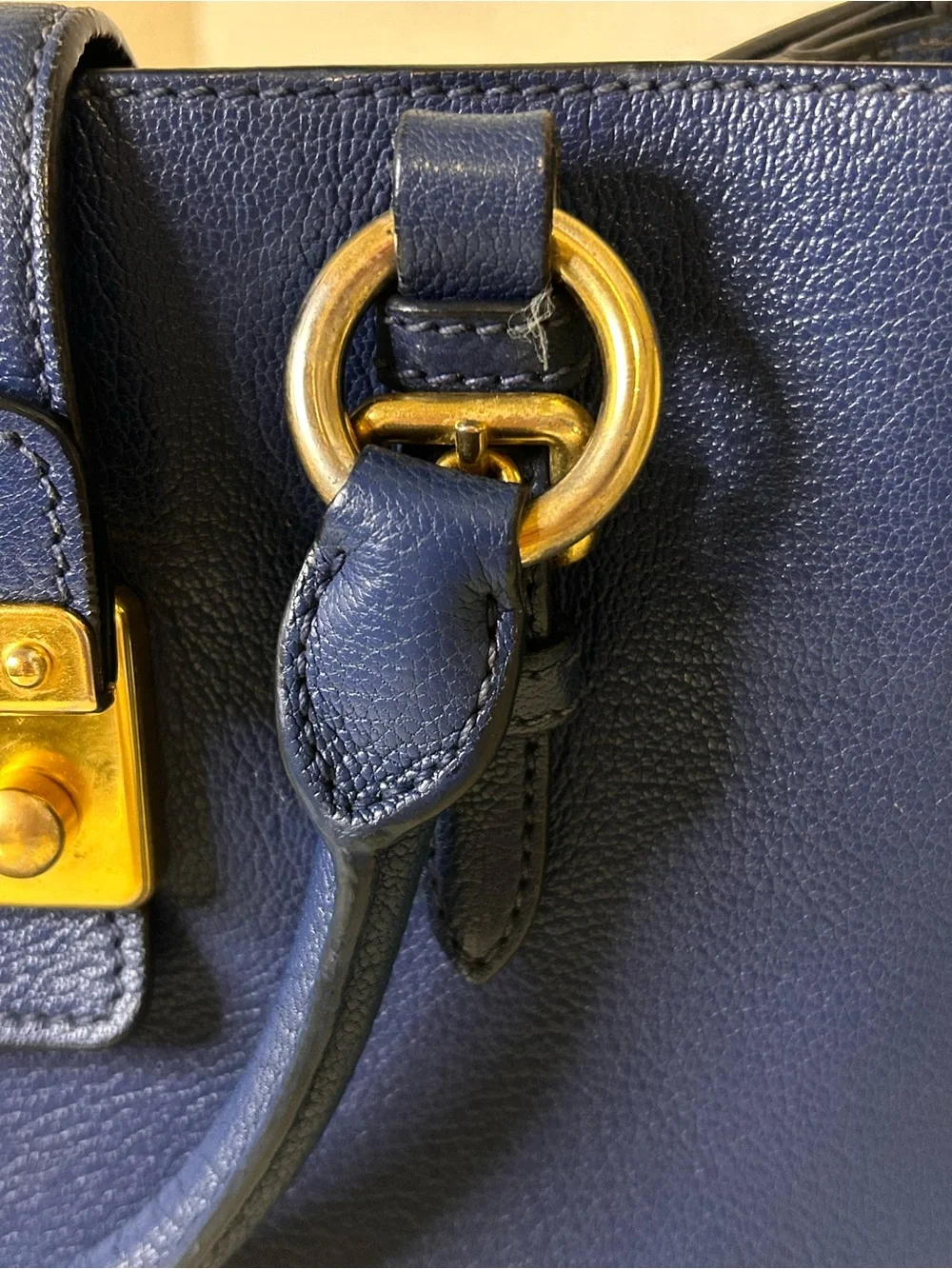 Miu Miu Royal Blue Pebbled Leather Push Lock Top Handle Satchel Shoulder Bag COA